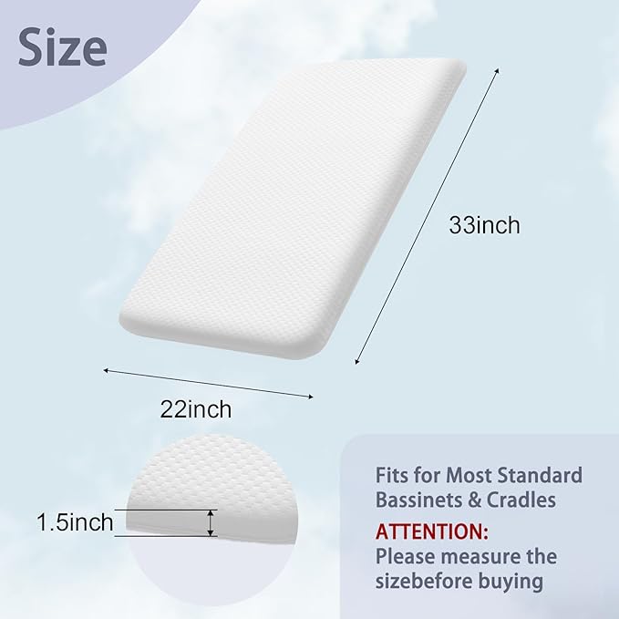 Lisara Baby Bassinet Mattress, 33" x 22" Dual Sided Gel Memory Foam Mattress with Waterproof, Removable and Breathable Ice Silk Cover, Fit for Fodoss Bassinet