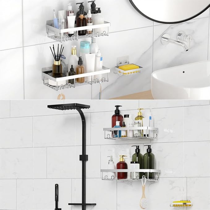 Moforoco 3-Pack Shower Caddy Basket Shelf with Soap Holder, No Drilling Traceless Adhesive Shower Wall Shelves, Rustproof Silver Bathroom Shower Storage Organizer - Image 5