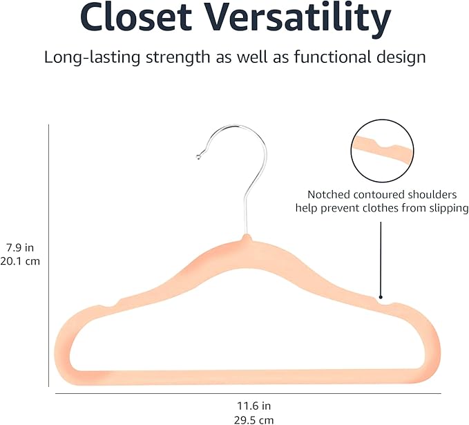 Amazon Basics Kids Space Saving Velvet Non-Slip Clothes Hangers with Shoulder Notches for Infant and Toddler, 11.6", Blush, 50-Pack - Image 4
