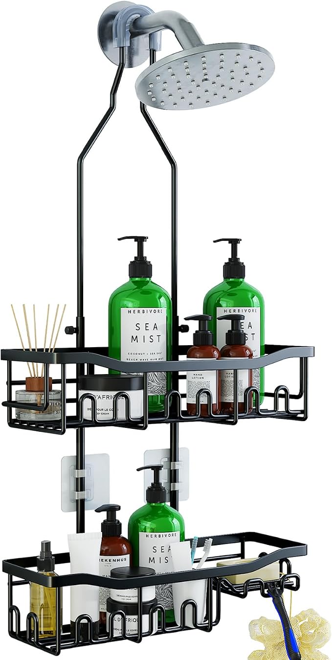 Upgraded Extended Length Shower Organizer with Hooks, Rustproof Shampoo Soap Holder, Large Hanging Bathroom Caddy by Joqixon