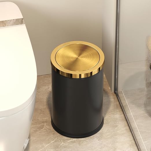 Brushed Brass Garbage can,Bathroom Trash can with lid，Modern Small Trash Can with Flipping Lid, 9 L,Garbage cans for Bathroom, Kitchen,Bedroom, Metallic Gold (Black（Double）) - Image 2