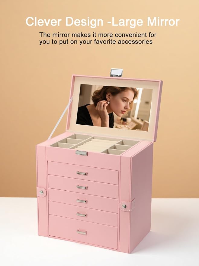 BOOVO Jewelry Box For women, 6 Layer Large Jewelry Organizer With Mirror, Multi-Function Storage Box With Lock, Necklace Holder With 5 Drawers, For Earrings Necklace Bracelet (Silver and Pink) - Image 6