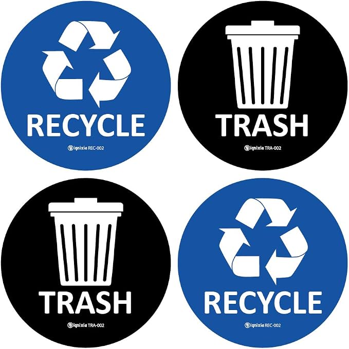 IGNIXIA Recycle & Trash Stickers Combo, Trash Bin Decals Recycle Sticker Trash Symbols Sticker 4 X 4 Inches PVC Vinyl Self Adhesive (Blue and Black) by IGNIXIA