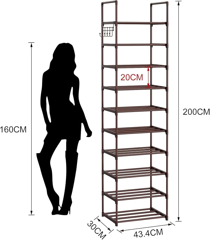 Tall 10 Tier Shoe Rack - 20-24 Pair Storage, Sturdy Metal Shoe Organizer with Hooks for Closet, Entryway, Brown - Image 3
