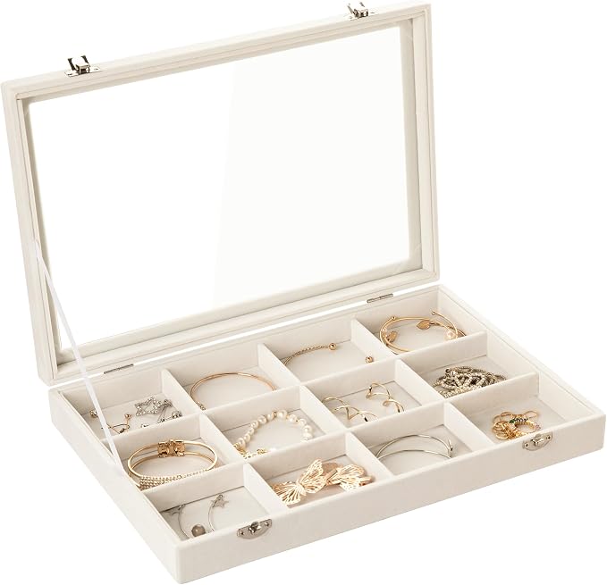 Frebeauty Velvet Jewelry Tray,12 Grid Jewelry Organizer with Clear Lid,Bracelets Holder,Jewelry Display Case with Clasp,Drawer Insert Bangle Brooch,13.8 x 9.5 x 2 Inches,Gift for Women Girls(Beige) by Frebeauty