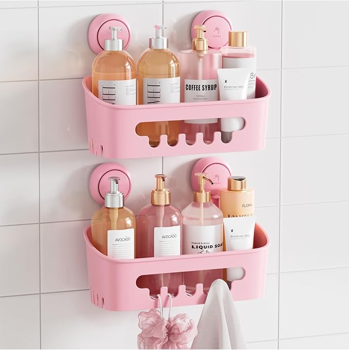 TAILI Shower Caddy Suction Cup 2 Pack, Heavy Duty Bathroom Organizer, Removable Shelves for Inside Shower, Shampoo, Waterproof Suction Plastic Storage for Bathroom Accessories Holder, Pink by TAILI