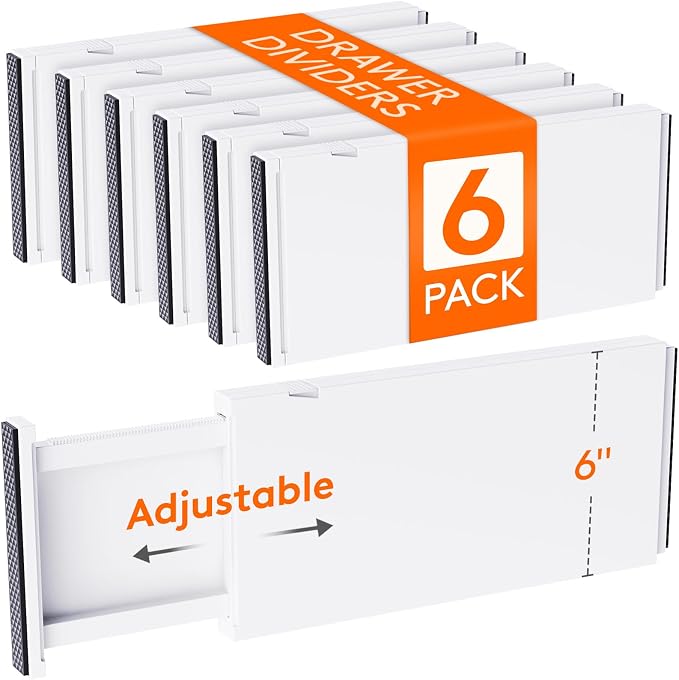 Lifewit 6 Pack 6" High Drawer Dividers 34-56cm/13.5-22" Adjustable Drawer Organizer for Clothes/Utensils, Expandable Drawer Separator in Dresser/Kitchen/Bedroom/Office Organization & Storage White by Lifewit