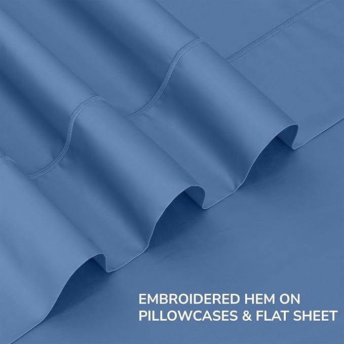Feather & Stitch 500 TC California King Size 4pc Damask Bed Sheet Set, 100% Soft Cotton Breathable Bedsheets, 18" Deep Pockets Sateen Weave Solid Bedding Mattress - (Mist Blue)