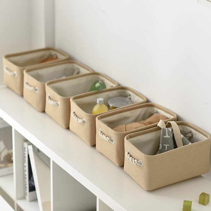 TheWarmHome Storage Basket for Organizing - Small 6 Pack 11.8x7.8x5.2 inch Fabric Storage Cubes with Cotton Rope Handle, Collapsible Storage Bins Baby Storage Toy Nursery (Beige) - Image 3