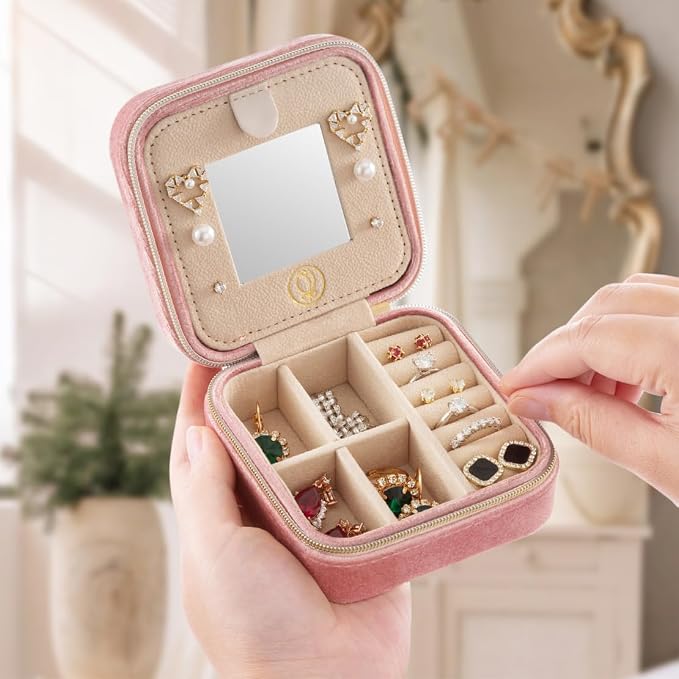 Plush Velvet Jewelry Travel Case,Small Jewelry Box,Traveling Jewelry Organizer,Portable Jewellery Storage Holder for Rings Earrings Necklace Bracelet, for Girls Women | Pink-Mirror - Image 6