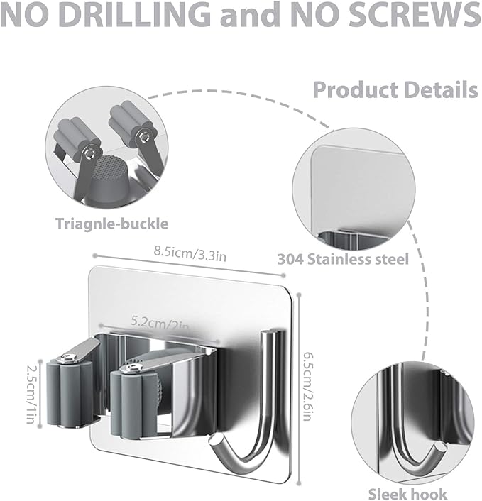 homeasy Mop Broom Holder No Drill, Mop Broom Organizer Wall Mounted Heavy Duty with Hooks Hanger, Self Adhesive Stainless Steel 4Pcs for Bathroom, Kitchen, Office (Silver) - Image 4