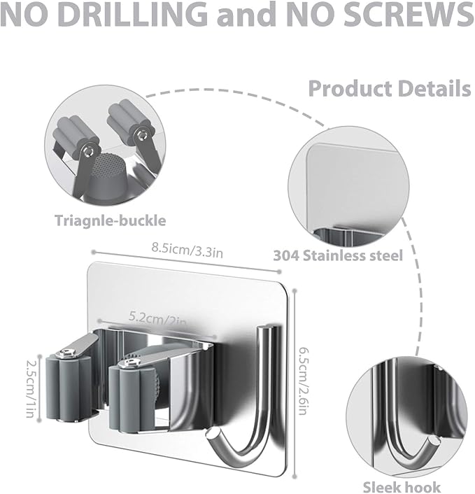 homeasy Mop Broom Holder No Drill, Mop Broom Organizer Wall Mounted Heavy Duty with Hooks Hanger, Self Adhesive Stainless Steel 6Pcs for Bathroom, Kitchen, Office (Silver) - Image 4