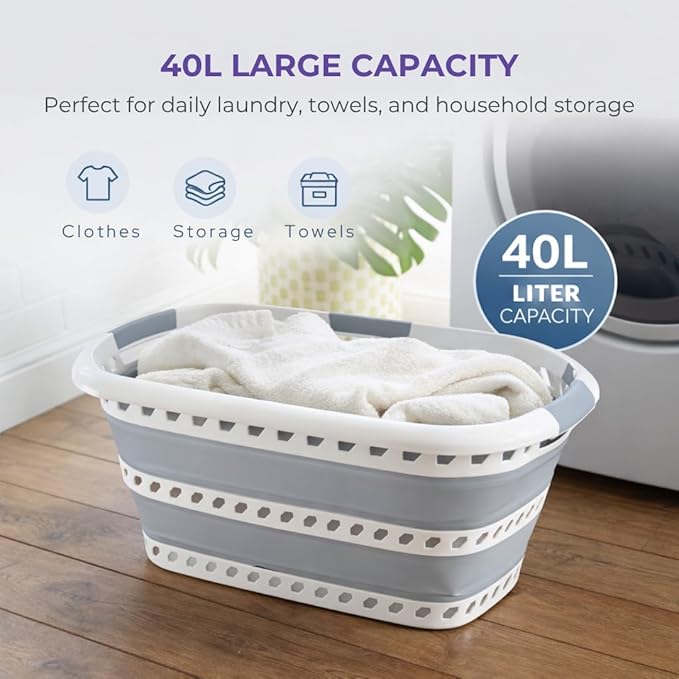 Laundry 360 Collapsible Laundry Basket 40L | Portable | Space Saver Storage | Hold 2 Loads | Store Under the Bed or Closet | Good for Kids | Dorm | Bedroom | Large | White/Grey - Image 3