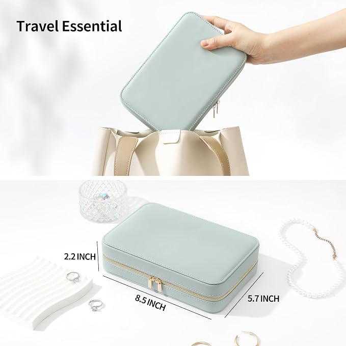 Genuine Leather Travel Jewelry Organizer Case Box with Mirror for Women, Small Mini Portable Jewelry Box for Ring Earrings Necklace Bracelet Luxury Gift for Women（Cyan） - Image 4