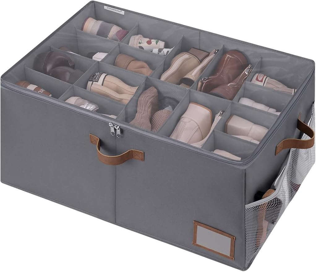 StorageWorks Shoe Organizer for Closet, Shoe Storage Containers for Entryway, Fabric Shoe Storage Organizer for Slippers and Flats, Shoe Storage Bins with Side Mesh Pocket, Fits up to 20 Pairs, Grey by StorageWorks
