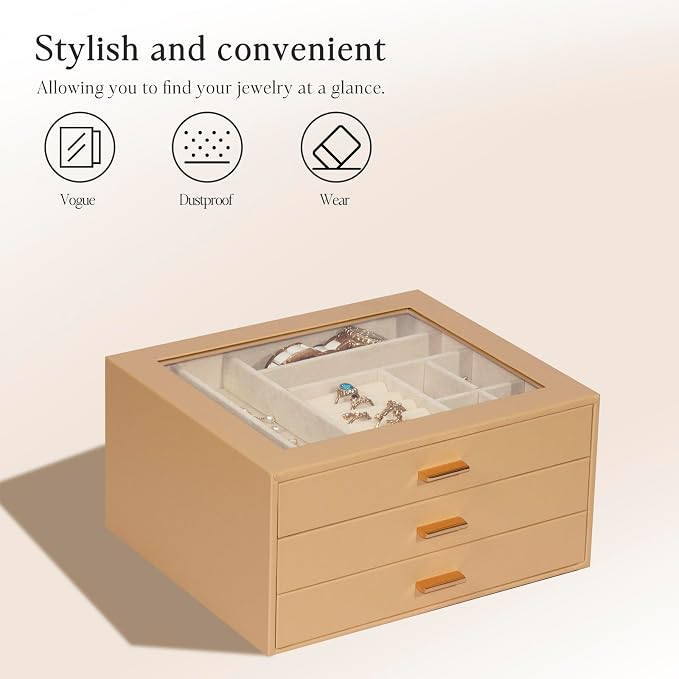 Jewelry Box with Glass Lid, 3-Layer Jewelry Organizer for Women Girls, PU Leather Display Case with 20-Grid Earring Tray & Movable Dividers for Necklaces Rings,Camel - Image 5