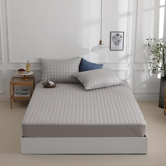 Quilted 100% Cotton Mattress Cover – 6 Colors, Machine Washable, Breathable & Stretchy, Fits up to 16-Inch Deep, Twin/Full/Queen/King (Gray, Full)