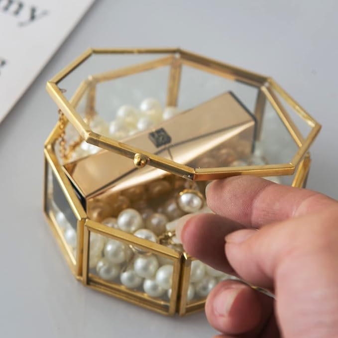 Glass Vintage Jewelry Box, Golden Geometric Jewelry Display Organizer Box Vanity Lidded Box Home Decor Accent Decorative Box for Storage Trinket Rings Bracelet - Image 3