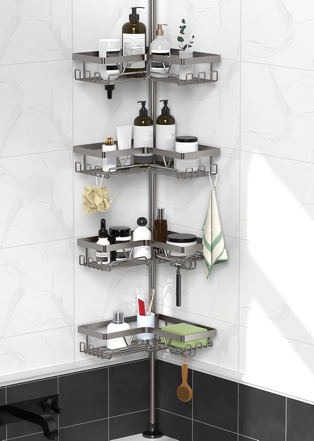 KEGII Corner Shower Caddy Tension Pole with Soap Dish & Razor Holder, Adjustable Bathroom Organizer with Hooks, 25-114.2 Inch Rustproof Storage Shelf for Renters & Apartments, Gunmetal Gray by KEGII