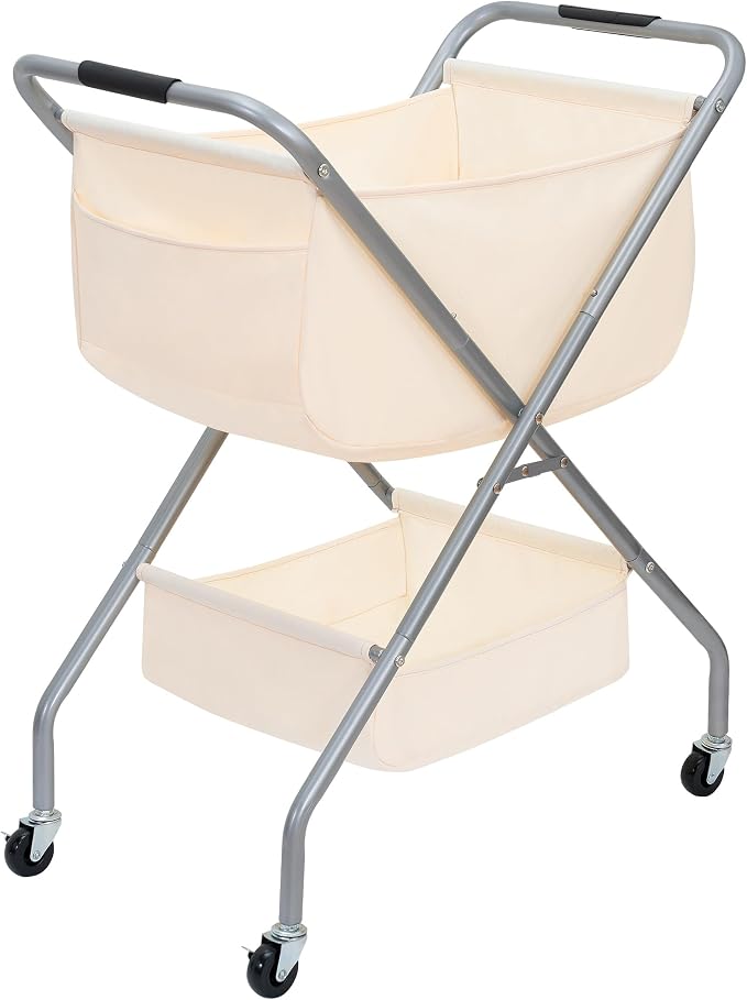 STORAGE MANIAC Collapsible Laundry Cart with Wheels 31.5"H Rolling Laundry Hamper Clothes Basket with Wheels, Canvas Liner Sturdy Steel Frame Folding for Small Narrow Space Easy Storage, Beige by STORAGEMANIAC