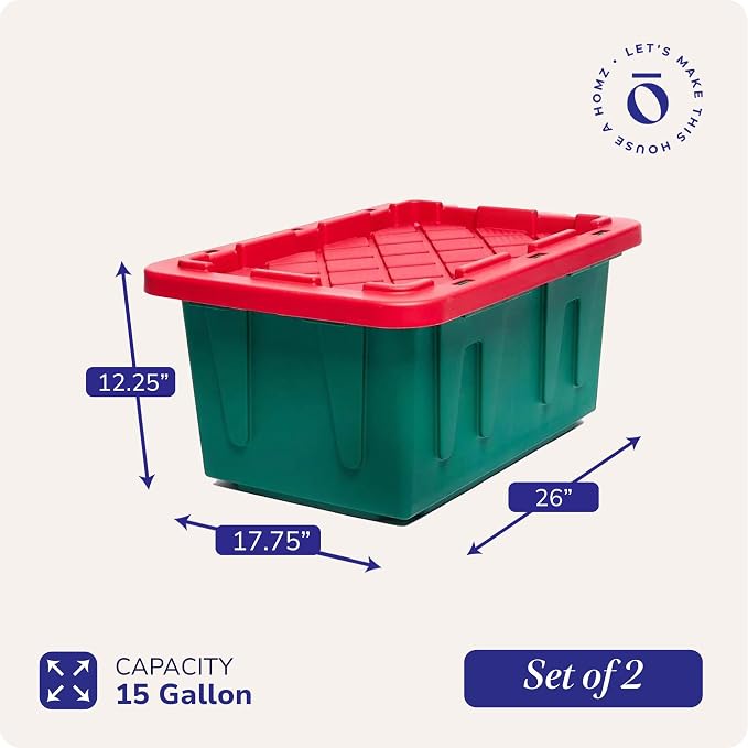 HOMZ 2-Pack Durabilt, Heavy Duty Plastic Storage Bins with Lids, 15 Gallon, Green/Red - Stackable Container Boxes for Holiday, Attic, and Garage Organization - Image 5