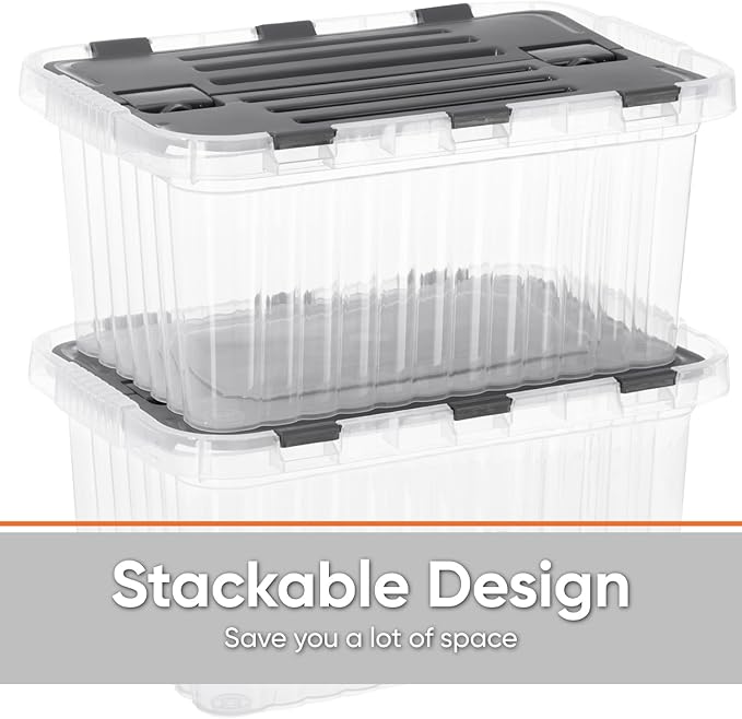 Superio Storage Bins with Lids- Clear Boxes for Organizing, Stackable Plastic Containers- BPA Free, Non-Toxic, Odor Free, Organizer for Home, Office, Dorm, 35 Quart (6 Pack, 20.25"x14"x10.5")