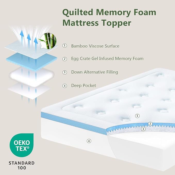 Hansleep Memory Foam Mattress Pad Topper Queen, Queen Foam Mattress Topper Viscose Derived from Bamboo, Queen Size Bed Mattress Pad Cover for Back Pain Relief, 60" x80", 60" x80", White