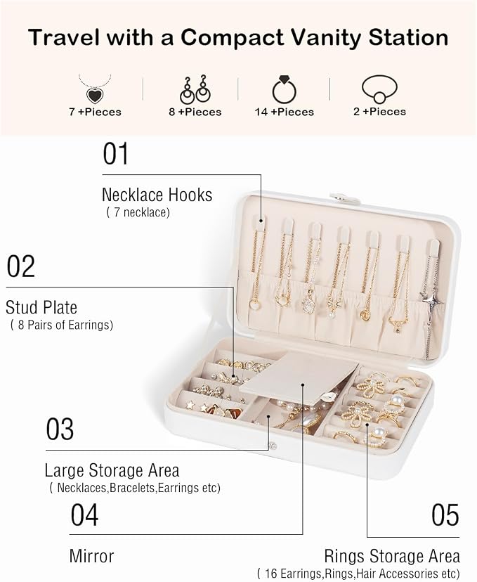 GUKA Travel Jewelry Case, Portable Jewelry Travel Organizer, PU Travel Jewelry Case Organizer for Rings Earrings Necklaces Bracelets Watch for Birthday Wedding Gifts. White - Image 3