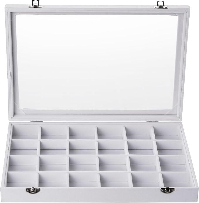 Frebeauty Velvet Jewelry Tray,24 Grid Jewelry Organizer with Clear Lid,Earring Holder Organizer with Clasp,Drawer Insert Rings Pendants Brooches,13.8 x 9.5 x 2 Inches,Gift for Women Girls(White) - Image 2