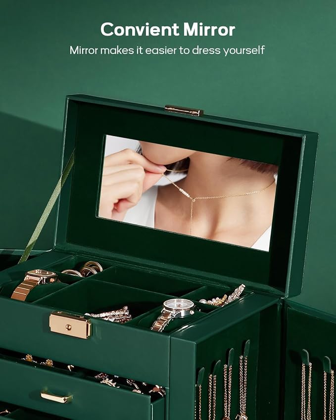 Homde Synthetic Leather Huge Jewelry Box Mirrored Watch Organizer Necklace Ring Earring Storage Lockable Gift Case (Forest Green + Gold) - Image 7