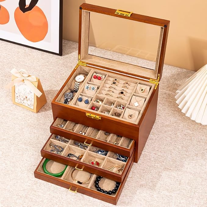 Walnut Wood Jewelry Box, 4-Tier Soild Wood Jewelry Box with 3 Drawers Large Storage Lockable Jewelry Organizer with Glass Lid Christmas Gifts for Necklaces Rings Earring Watches Bracelets - Image 2
