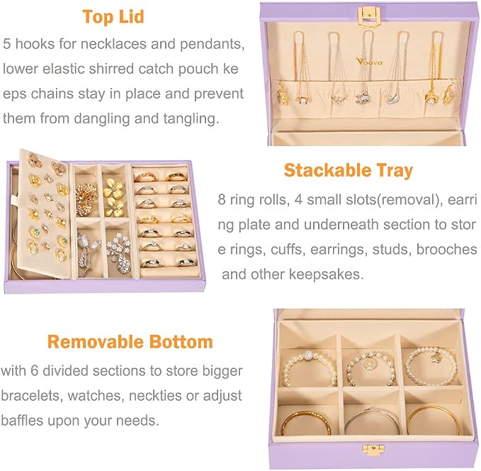 Voova Jewelry Box Organizer for Women Girls, 2 Layer Large Men Jewelry Storage Case, PU Leather Display Jewellery Holder with Removable Tray for Necklace Earrings Rings Bracelets,Vintage Gift,Lavender - Image 2
