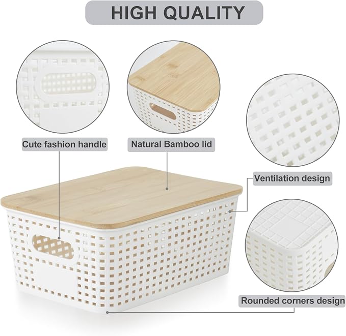 Bagnizer Small Plastic Storage Bins with Bamboo Lids 5.2qt Stackable Box Basket Pantry Decorative Containers Cute with Labels for Organizing Desktop Closet Office Cream White of 6 packs 10*7.2*4.1" - Image 3