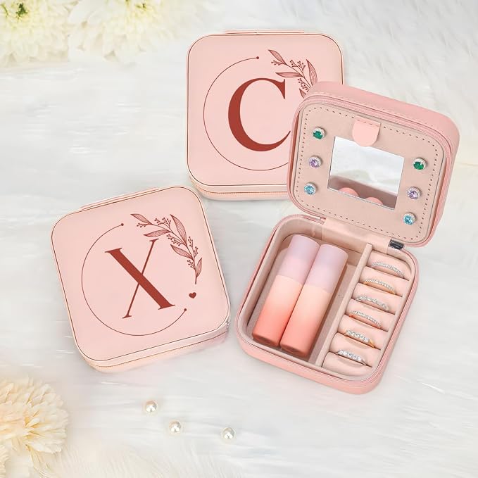 SANDJEST Personalized Jewelry Box, Pink Small Travel Jewelry Box with Initial X, Monogrammed Jewelry Case Organizer for Girls Women Teen, Mini Travel Essentials Gifts for Christmas Birthday - Image 7