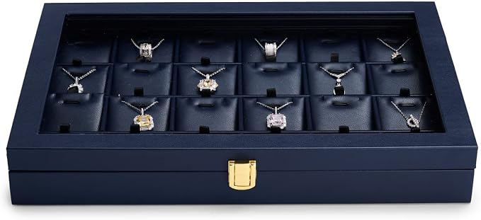 Oirlv Premium Blue Leather Jewelry Tray with 24 Grid Removable Jewelry Cards Jewelry Organizer Box with Transparent Acrylic Lid Necklace Pendant Display Case - Image 4