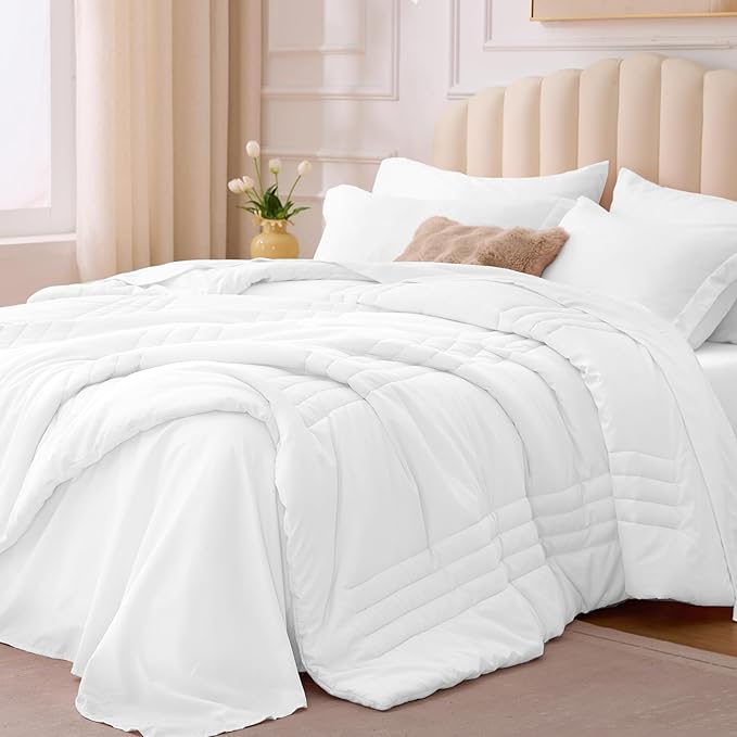Twin Comforter Set White - Bed in a Bag Twin Size 5 Pieces, Soft Bedding Set for All Seasons, Premium College Dorm Comforter Set with Comforter, 1 Sheet, 1 Pillowcase & 1 Sham
