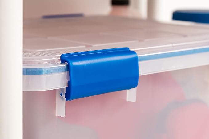 IRIS USA WeatherPro 44 Qt Storage Bins with Lids, 2 Pack, BPA-Free Plastic Gasket Box with Tight Latch and Seal, Stackable Nestable Tote Tub - Clear/Blue - Image 7