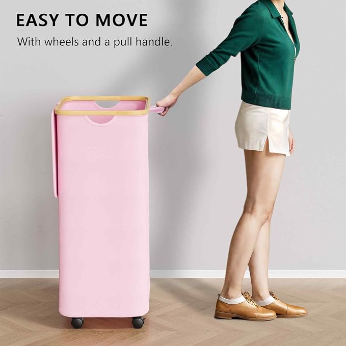 SUOCO Laundry Hamper on Wheels 100L, Clothes Basket with Lid and Bamboo Handles, Foldable Laundry Hamper for Bedroom, Bathroom, Dorm, Laundry Room - Pink - Image 3