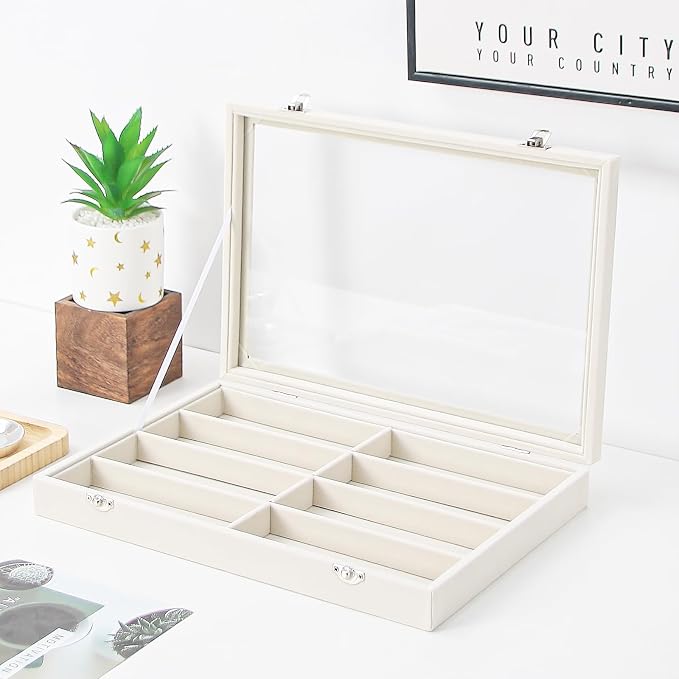 Coward Sunglass Organizer Tray Box, Beige Velvet Grids Eyeglasses Display Tray Case with Transparent Glass Lid for Home Use or Store Shop Selling Show - Image 3