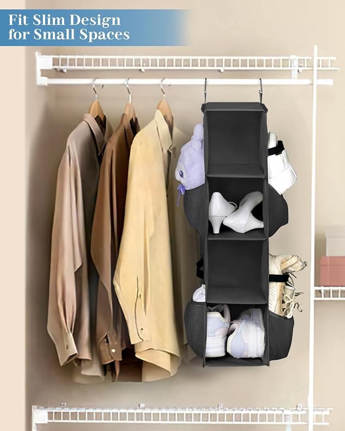 SLEEPING LAMB Short Hanging Shoe Organizer for Closet Storage with Mesh Side Pockets Holds 8 Pairs, Hanging Shoe Rack Hanger RV, Camper, Black - Image 2
