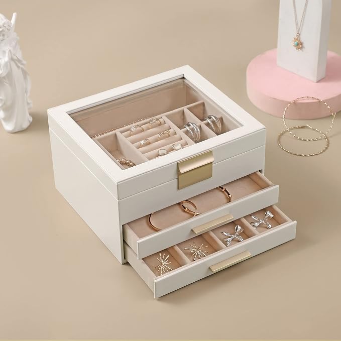Somduy Jewelry Box Organizer for Women,3 Layers Jewelry Storage Display Box with Glass Lid,Gift for Christmas,3 Drawers,Large Capacity for Necklace Earrings Bracelets Rings,White - Image 2
