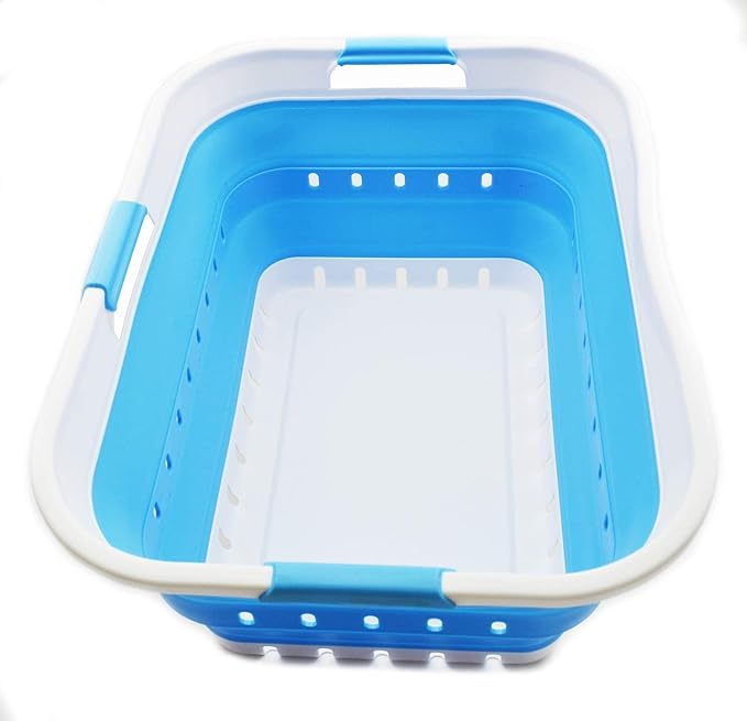 SAMMART 42L (11 gallon) Collapsible Plastic Laundry Basket - Foldable Pop Up Storage Container/Organizer - Space Saving Hamper/Basket (1, White/Marine Blue) by SAMMART