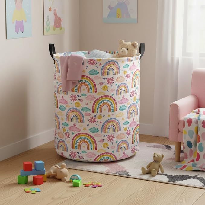 Baby Laundry Hamper kids laundry Basket Waterproof Laundry Bag for Bedroom Toy Clothes Organizer Room Décor(Pink Rainbow) - Image 6