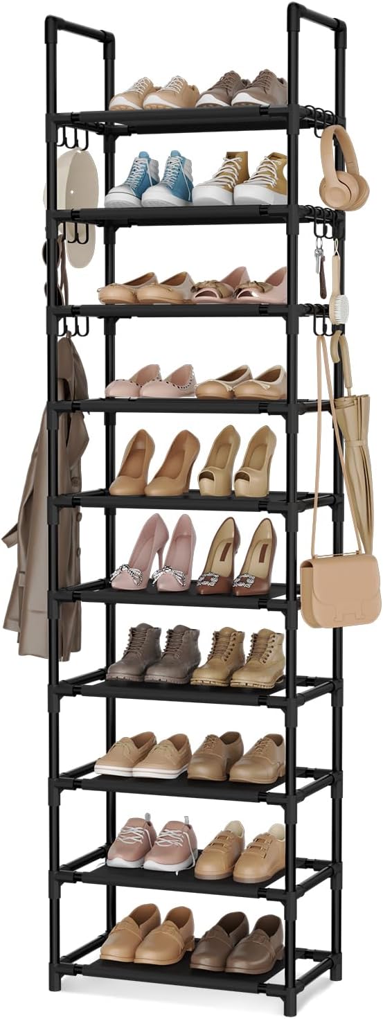 VTRIN 10 Tiers Tall Shoe Rack Holds 20-25 Pairs of Shoes Sturdy Vertical Shoe Organizer with 18pcs Hooks Stackable Narrow Shoe Rack for Closet, Entryway Black by VTRIN