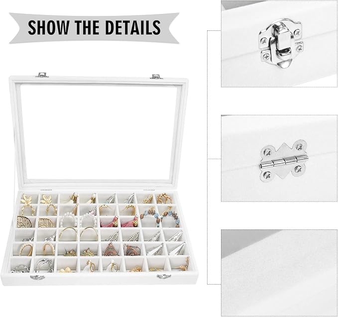 Siveit Velvet Jewelry Tray 48 Grid Jewelry Display Tray Organizer Box with Transparent Lid Rings Earrings Necklaces Pendants Display Box Suitable for Women and Girls (Ivory) - Image 4