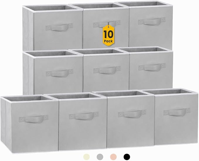 Criusia Storage Cubes, 11 Inch Cube Storage Bins for Shelves (10 Pack), Fabric Collapsible Storage Bins with Dual Handles, Foldable Cube Baskets for Clothes, Closet Organizers and Storage Box (Grey) by Criusia