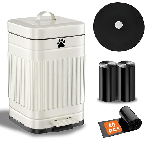 Dog Poop Trash Can Outside, 5L/1.3Gal Metal Dog Waste Trash Can with Lid, Foot Pedal, Pet Waste Container with 40 Bags, Poop Bucket with Lid Soft Close for Pet, White by Kopuncare