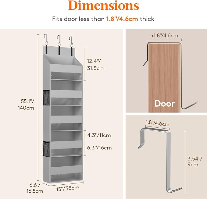 Lifewit 1 Pack Over the Door Organizer, Clear Window Hanging Storage with 4 Side Pockets, Anti Tilt 40 lbs Load Behind Door for Pantry, Nursery, Bathroom, Bedroom, Dorm, 5 Section, Light Gray - Image 2