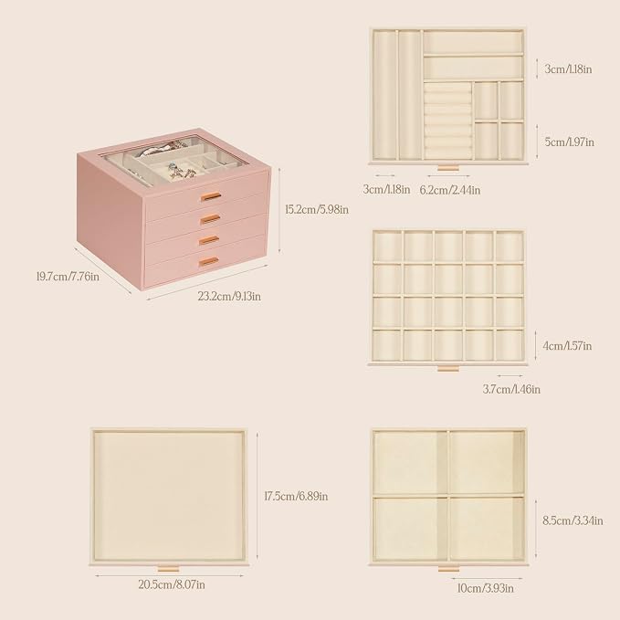Jewelry Box with Glass Lid, 4-Layer Jewelry Organizer for Women Girls, PU Leather Display Case with 20-Grid Earring Tray & Movable Dividers for Necklaces Rings,Pink - Image 3