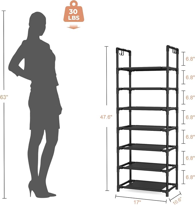 LANTEFUL 7 Tiers Shoe Rack 18-20 Pairs Boots Organizer Storage Sturdy Narrow Shoe Shelf for Entryway, Closets with Hooks, Black - Image 3